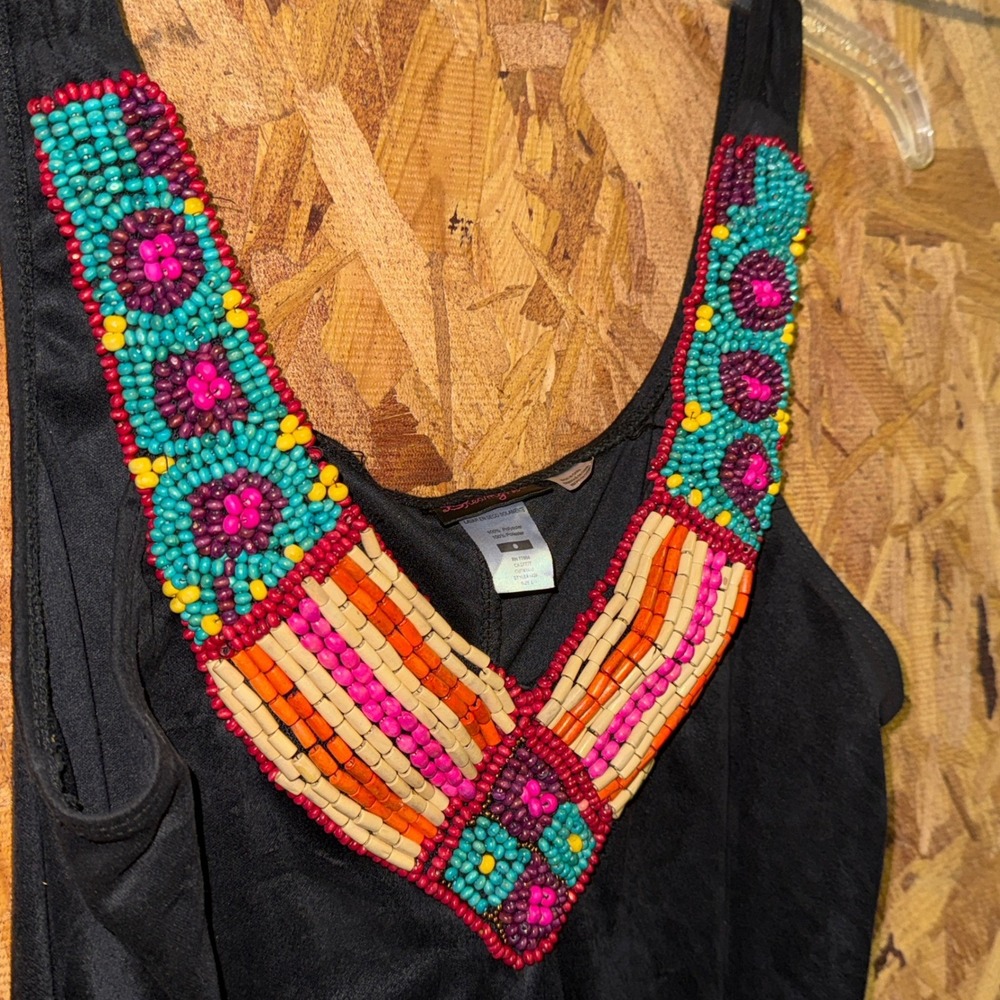 Pocahontas Native American Halloween Costume Black Beaded Boho Mini Dress Large
